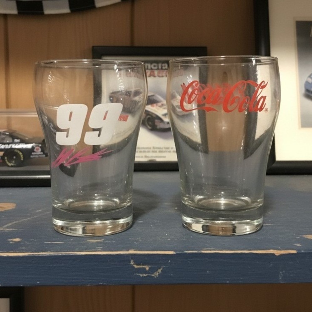 Coca Cola Mini Fountain Glasses, Set of 2, Vintage Logo & #99 Jeff Burton Design